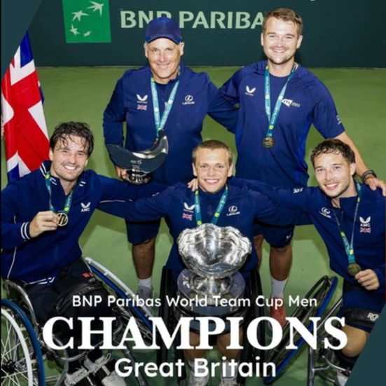 Great Britain’s men’s wheelchair tennis team celebrating World Team Cup victory