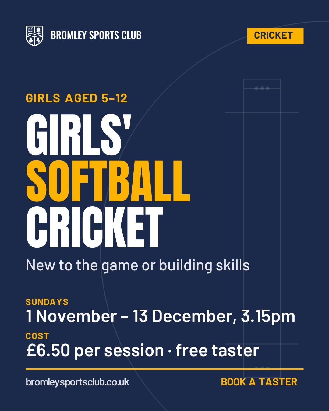 Girls’ softball cricket for ages 5 to 12 at Bromley Sports Club, Sundays 1 November to 13 December, 3.15pm, £6.50 per session, free taster